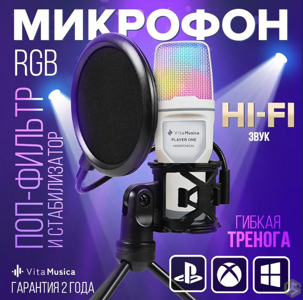 Конденсаторный USB микрофон Vita Musica, игровой, для компьютера и стримов, студийный Конденсаторный USB микрофон Vita Musica, игровой, для компьютера и стримов, студийный